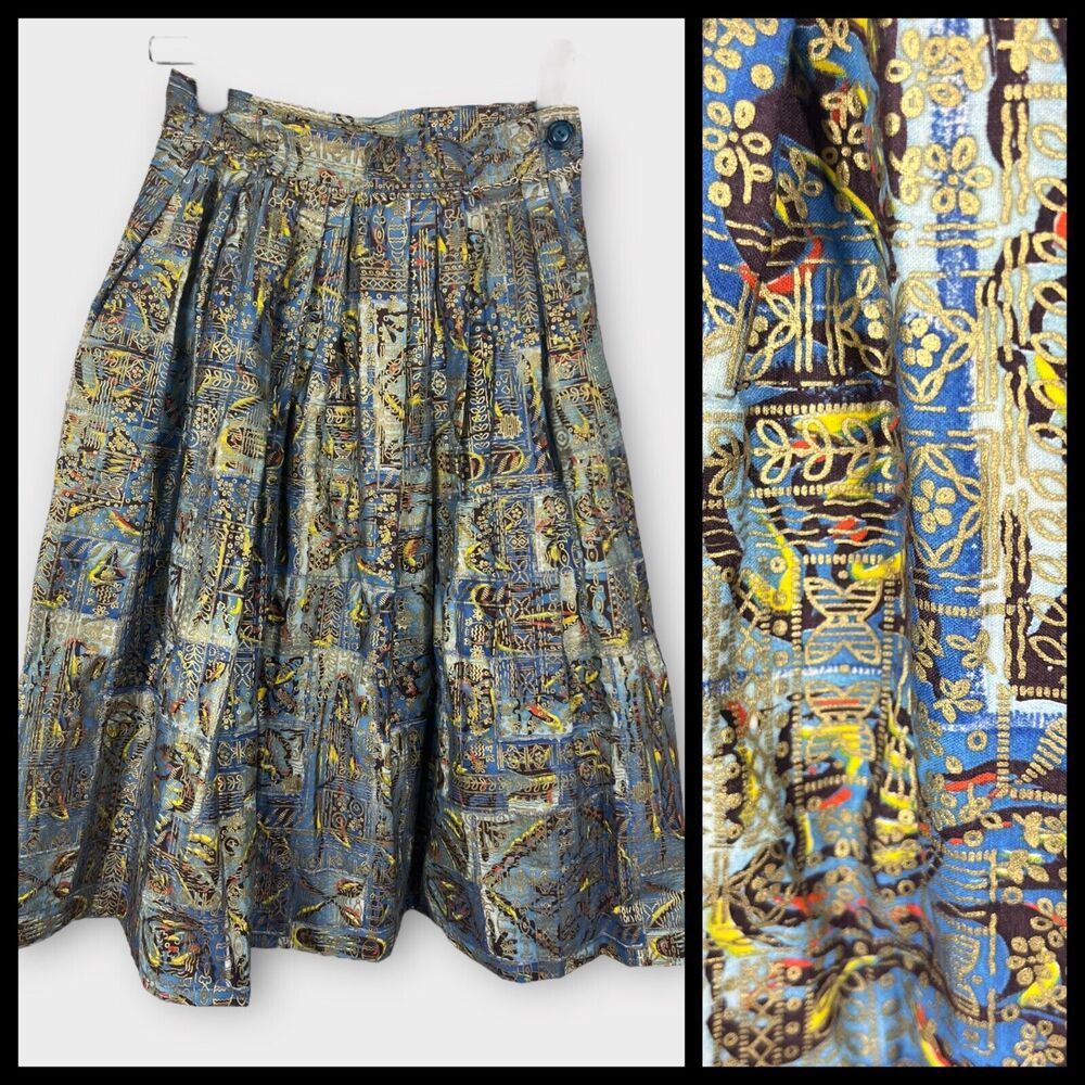 Vintage Doris Dodson Metallic Poplin Pleated Skirt XXS XS Blue Gold 50s Novelty